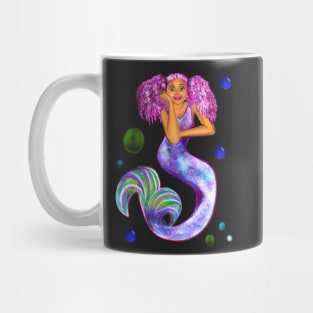 Magical rainbow mermaid with green eyes, pink hair and caramel brown skin Mug